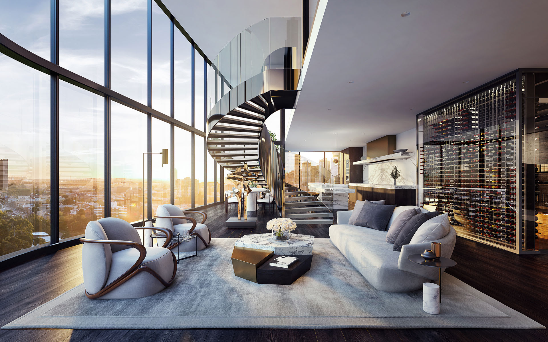 Luxury penthouse interior with floor-to-ceiling windows and city views