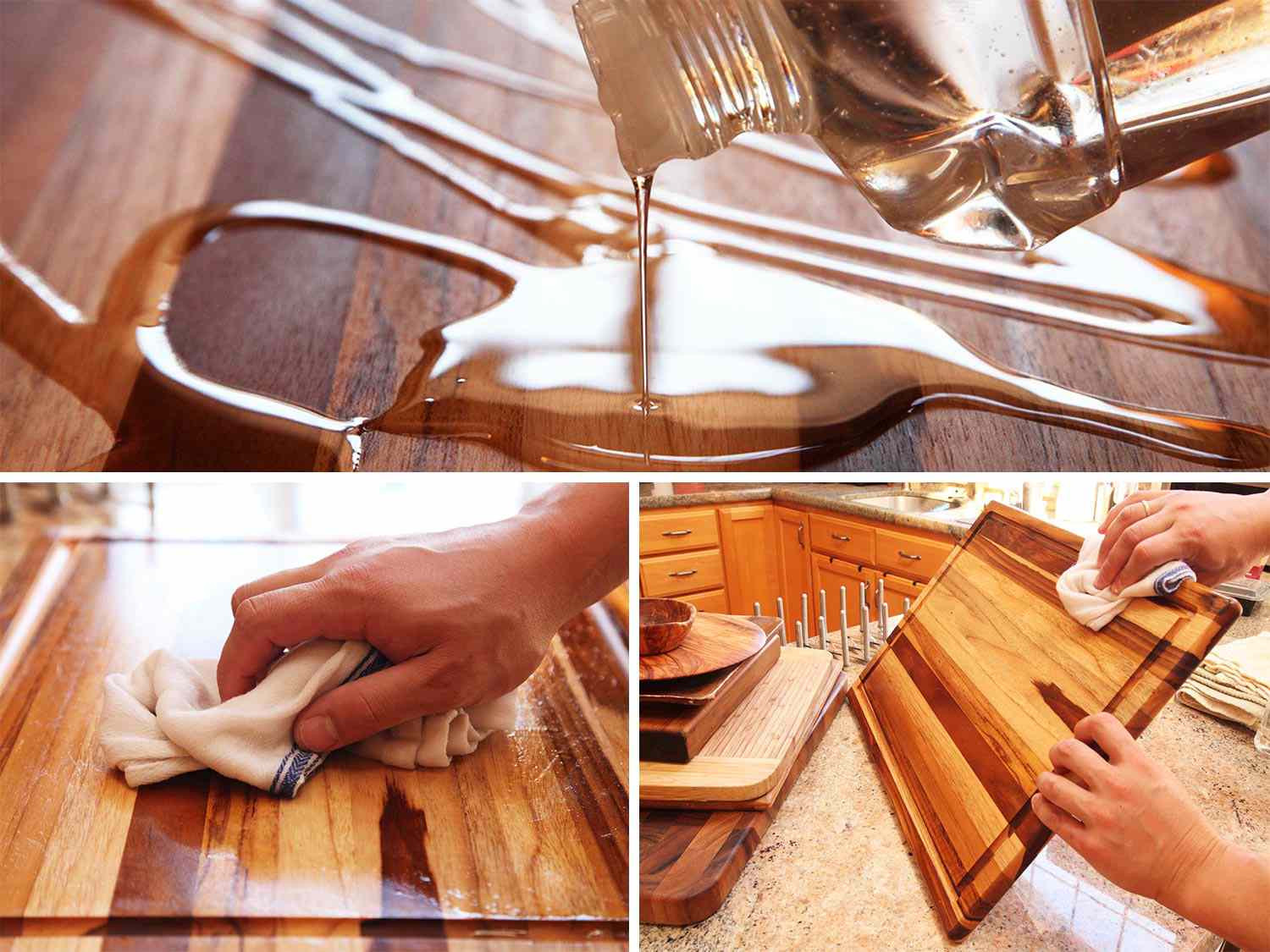 Pouring mineral oil onto wooden cutting board surface