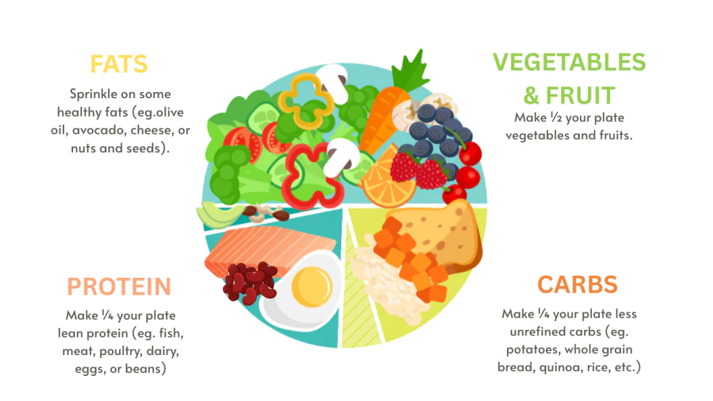Balanced plate diagram showing protein vegetables fats and carbs portions