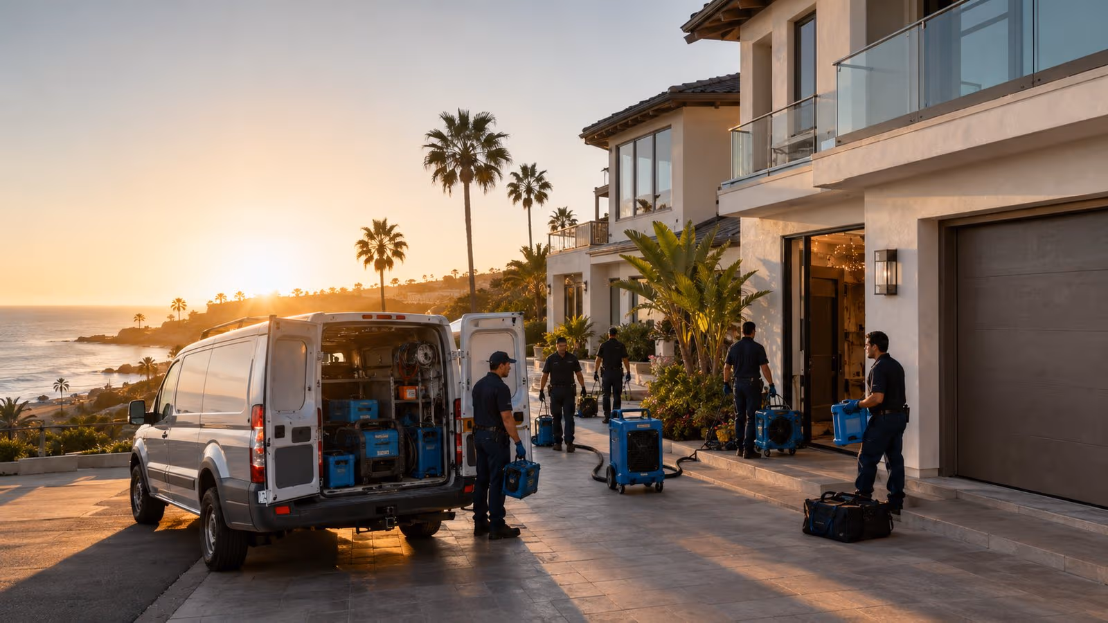 Water damage restoration crew arriving at a flooded home with emergency equipment at sunset