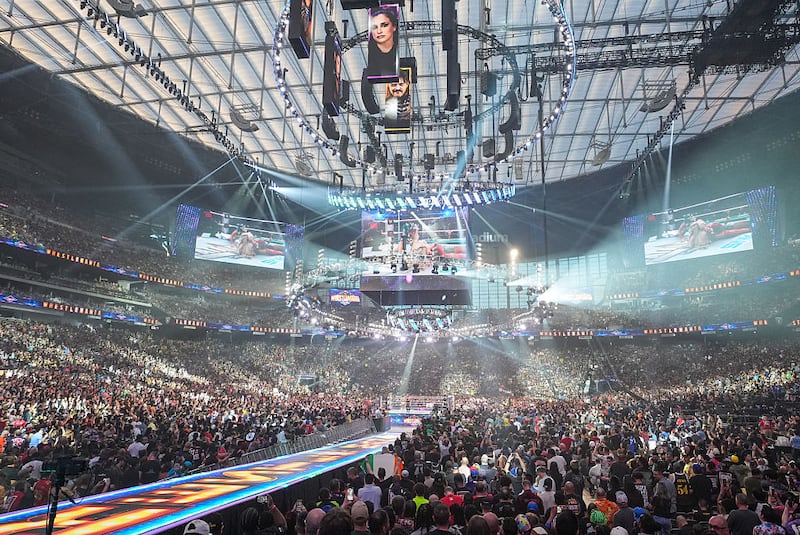 WrestleMania 42 Allegiant Stadium Las Vegas interior with massive crowd and stage setup