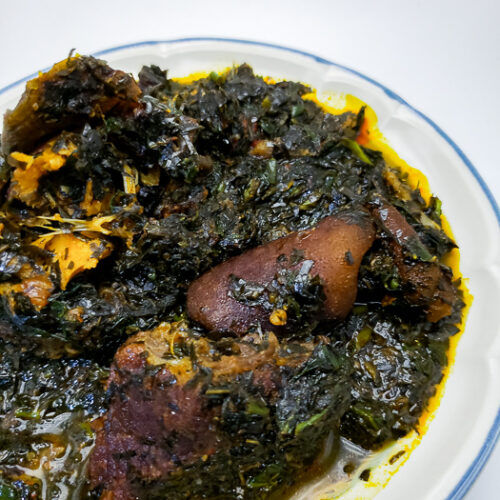 Atama soup made with palm nut extract, atama leaves, waterleaf, assorted meat, crayfish, stockfish and scotch bonnet pepper - RoyalRoom Restaurant Lagos