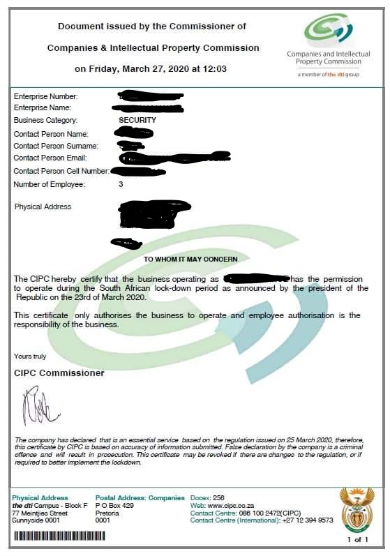 CIPC South Africa company registration certificate