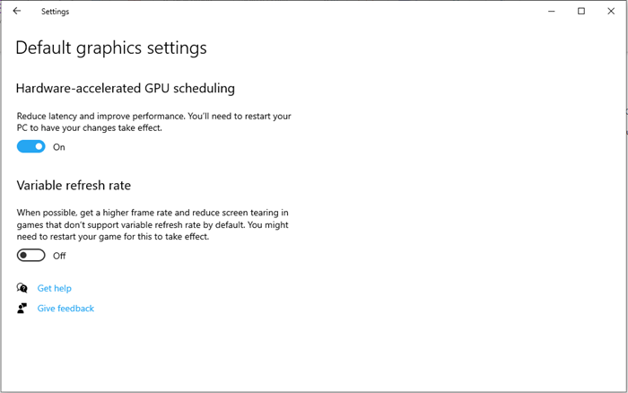 Close-up of Hardware-accelerated GPU scheduling toggle switched on in Windows default graphics settings