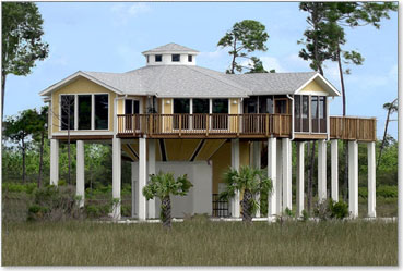 Elevated home on pilings flood zone construction Gulf Coast