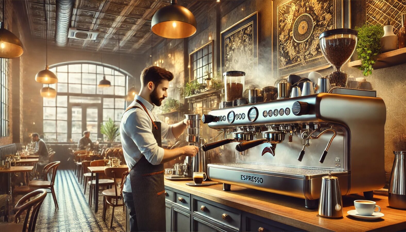 咖啡师在专业咖啡机前操作