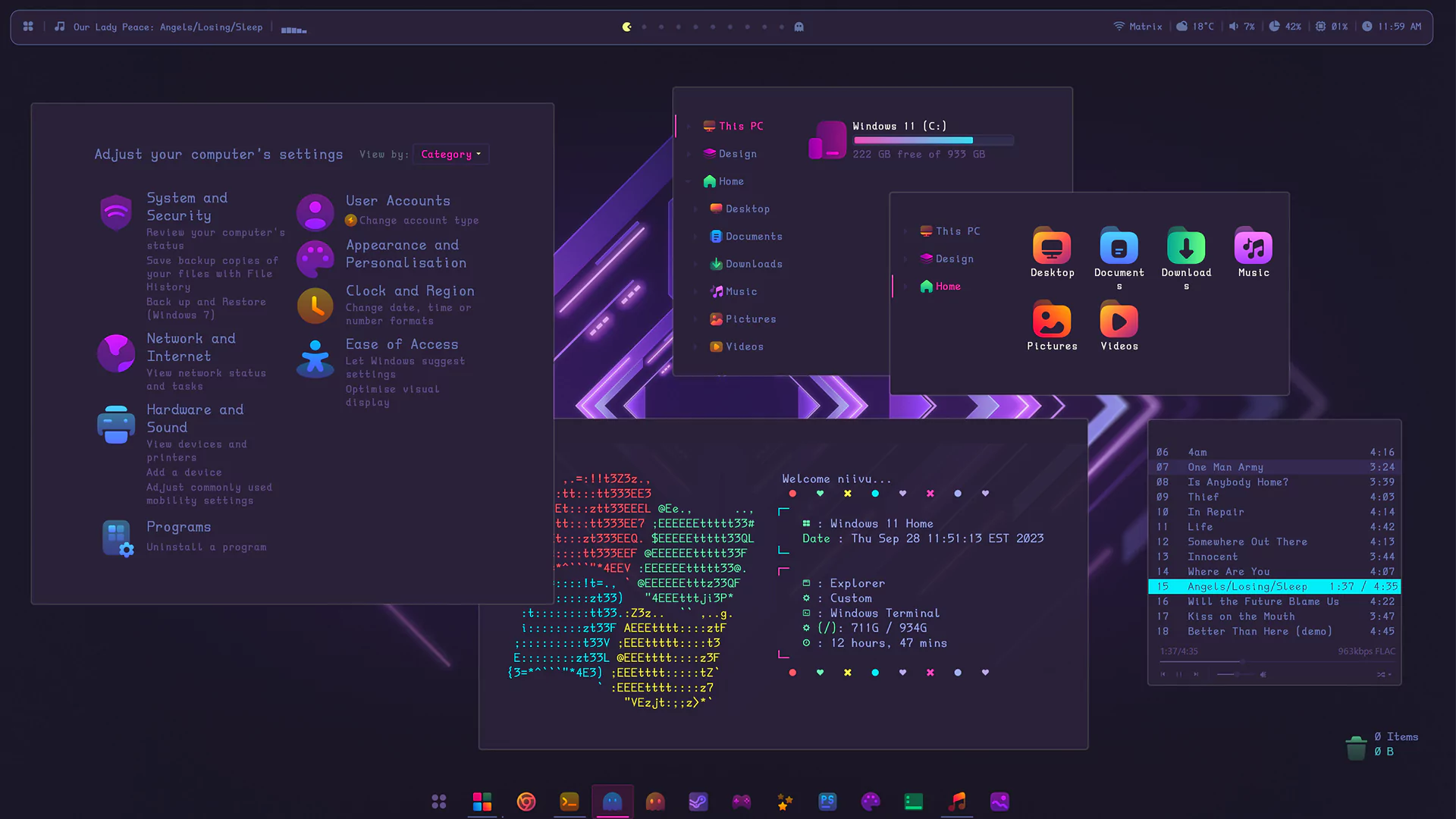 Synthwave-themed computer desktop interface with neon colors