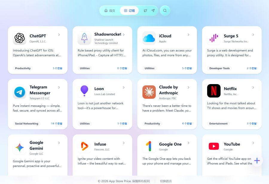 App Store全球价格对比中文网站界面,展示ChatGPT、Shadowrocket、Netflix等应用在不同区域的订阅定价差异