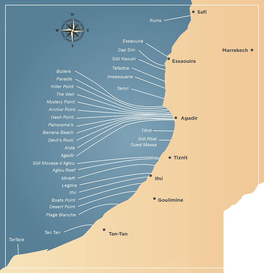 Carte des spots de surf de la côte atlantique marocaine autour d'Agadir