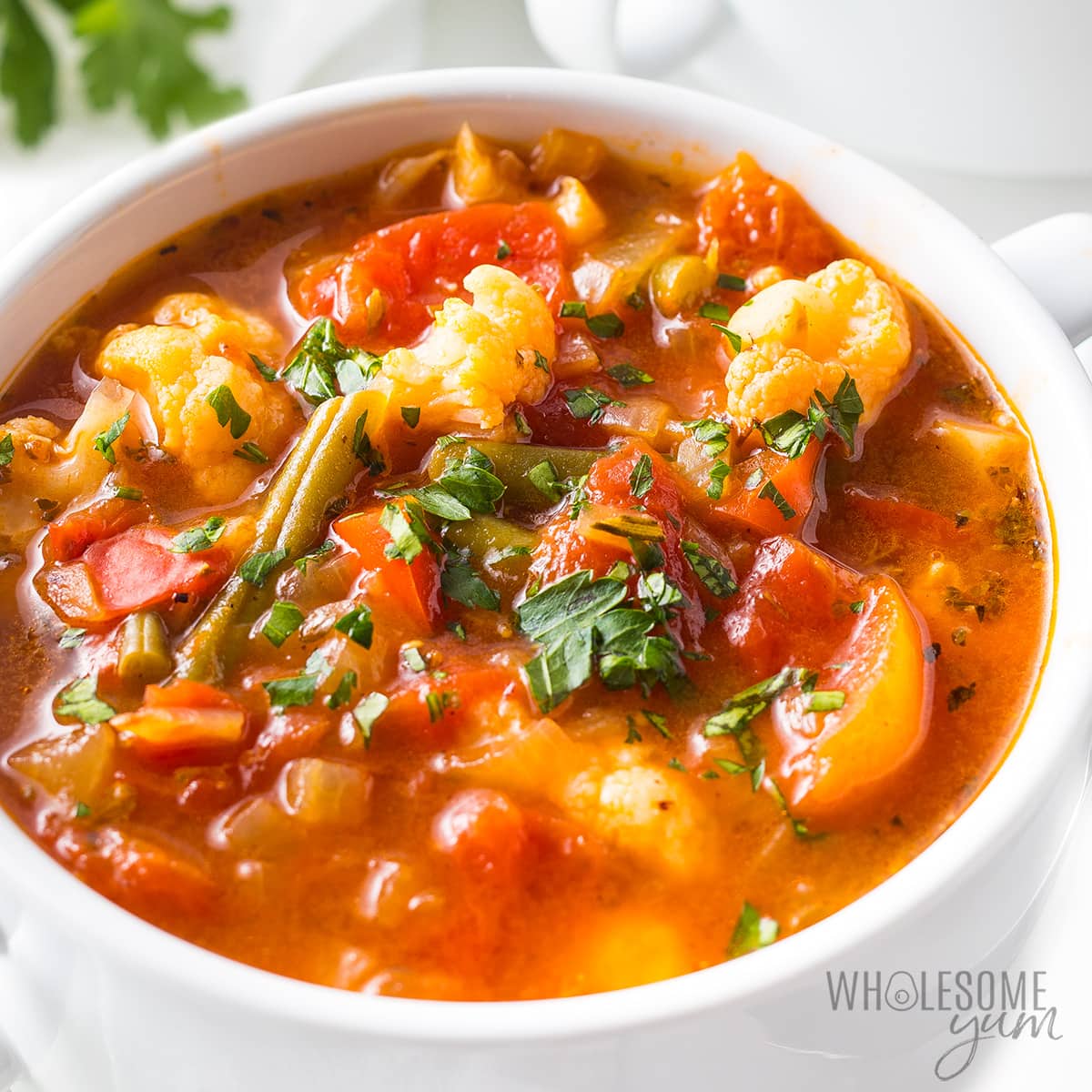 Colorful healthy vegetable soup in a white bowl with fresh herbs