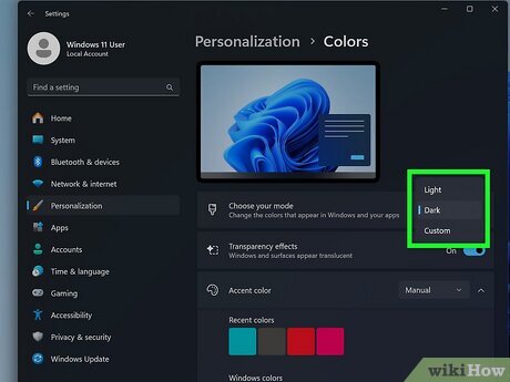 Windows 11 personalization settings showing dark mode option selected