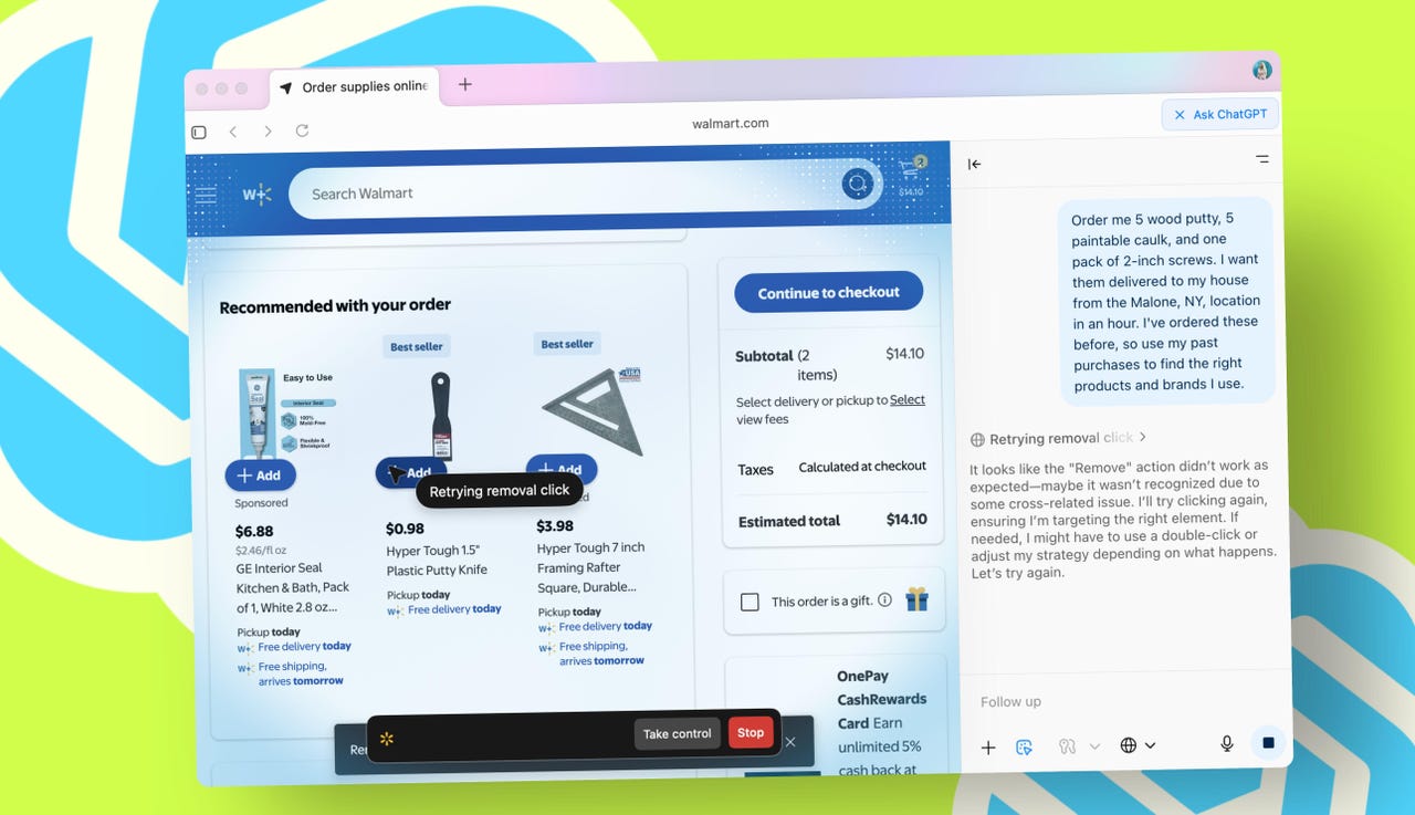 ChatGPT Atlas AI browser agent automating web tasks ChatGPT Atlas browser agent mode automating online shopping on Walmart website