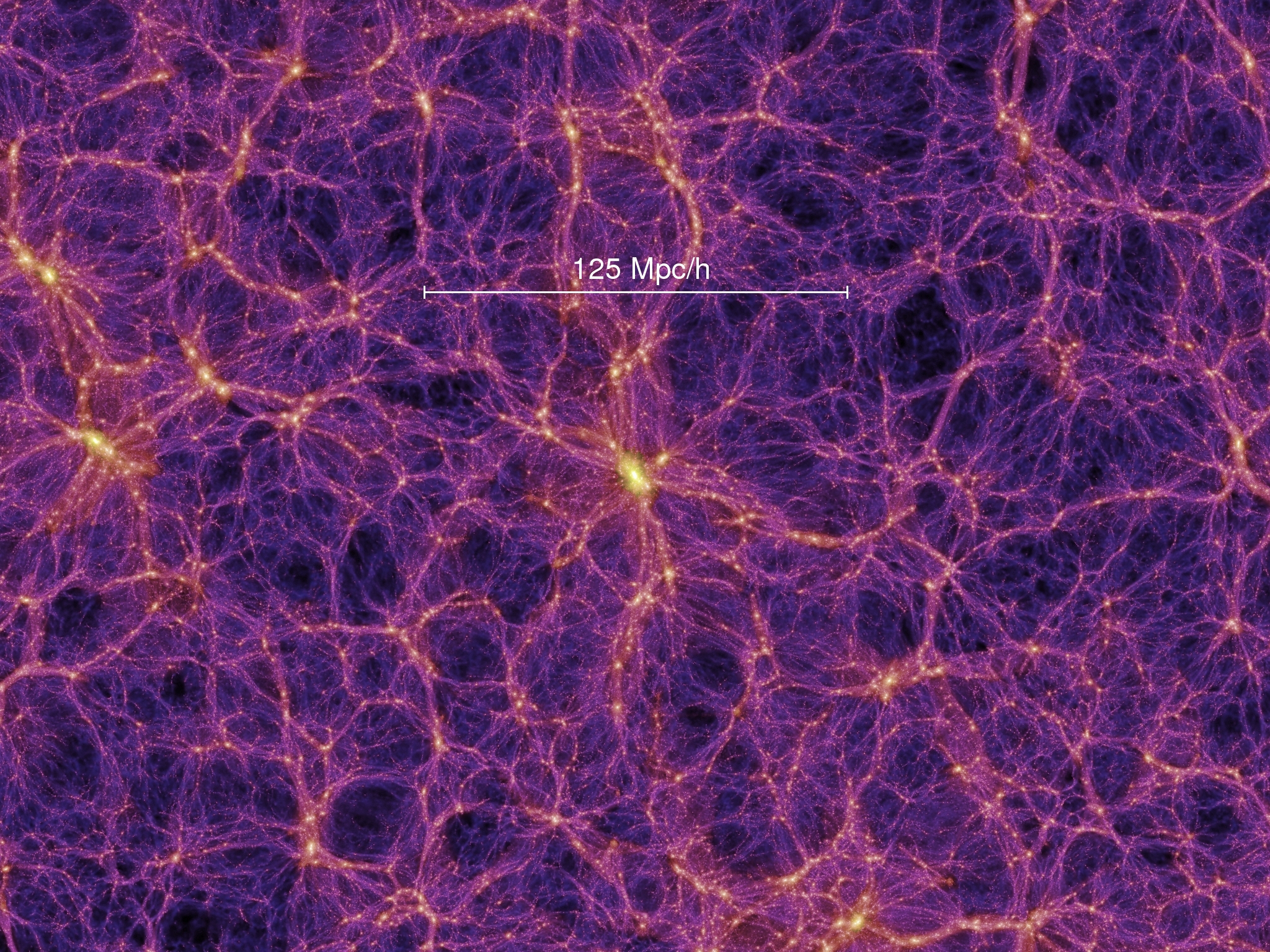 Simulação da teia cósmica mostrando a distribuição da matéria escura no universo em escala de megaparsecs