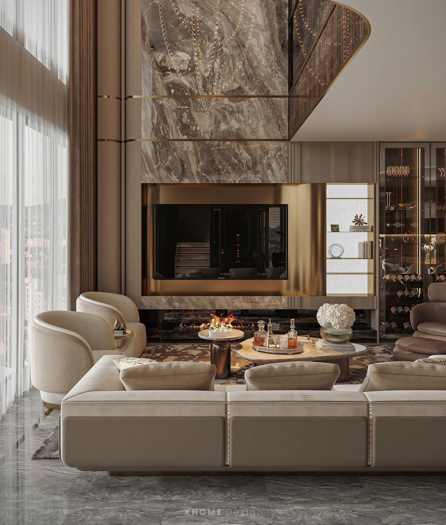 Luxury penthouse interior with marble finishes and designer furnishings