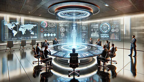 Futuristic AI-driven marketing workspace 2025